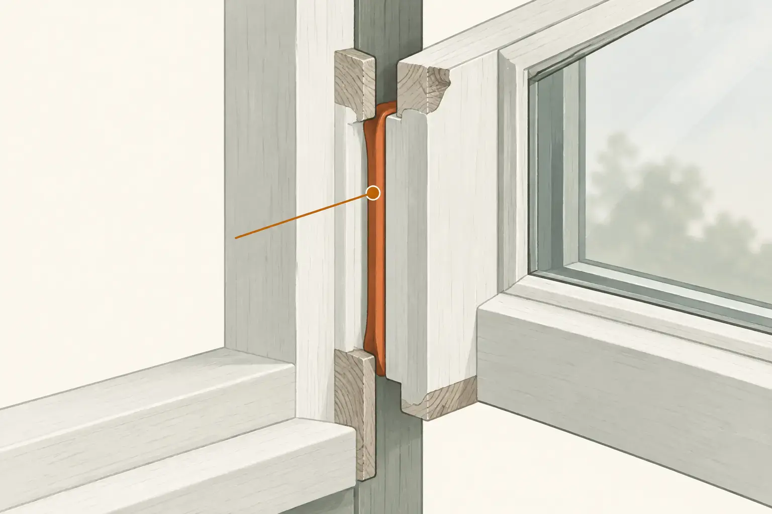 Illustrativt diagram: En tætningsliste sidder mellem vinduesramme og karm.